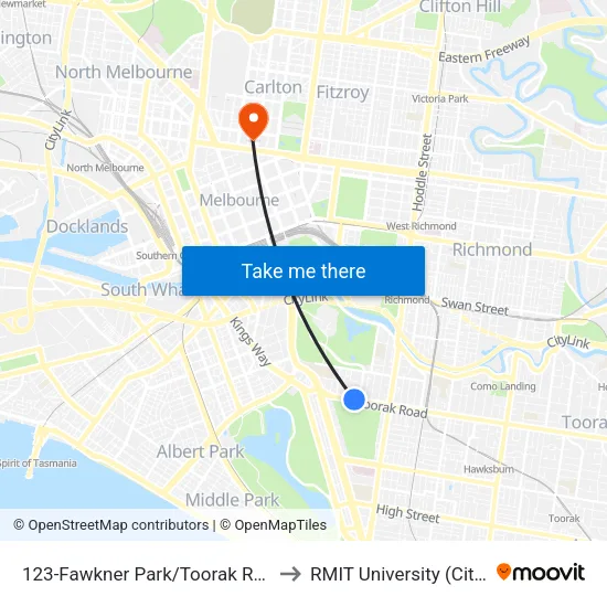 Fawkner Park/Toorak Rd #123 to RMIT University (City Campus) map