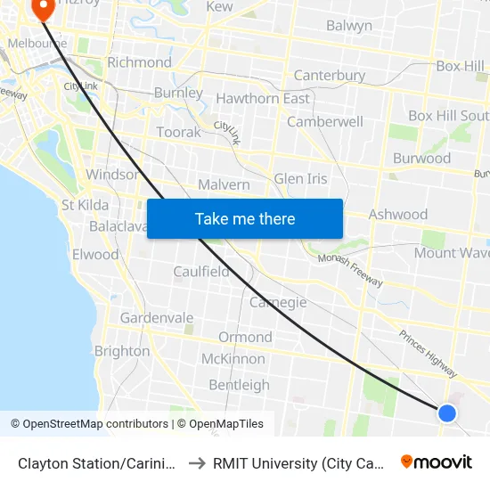 Clayton Station/Carinish Rd to RMIT University (City Campus) map