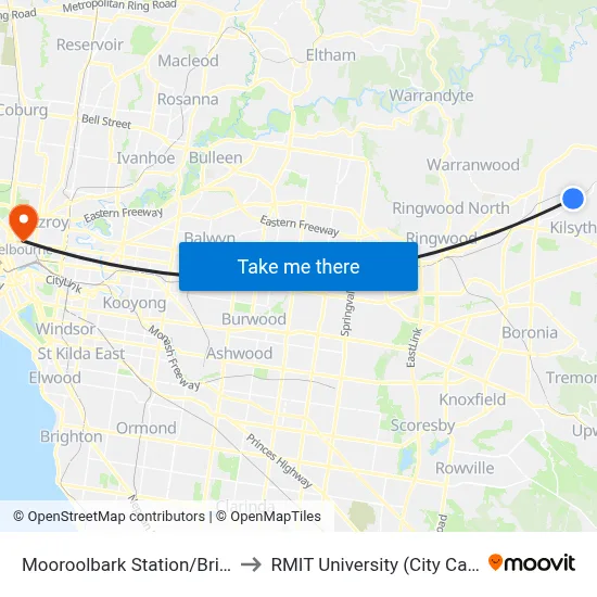 Mooroolbark Station/Brice Ave to RMIT University (City Campus) map