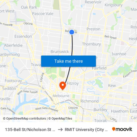 135-Bell St/Nicholson St (Coburg) to RMIT University (City Campus) map