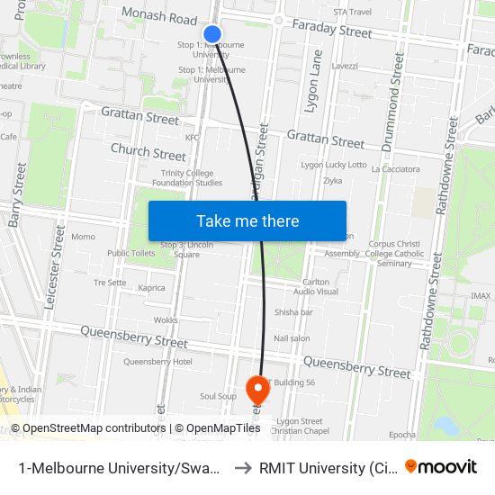 1-Melbourne University/Swanston St (Carlton) to RMIT University (City Campus) map