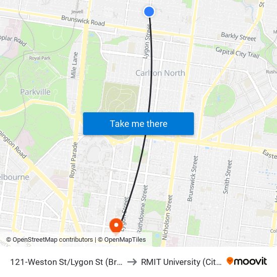 121-Weston St/Lygon St (Brunswick East) to RMIT University (City Campus) map