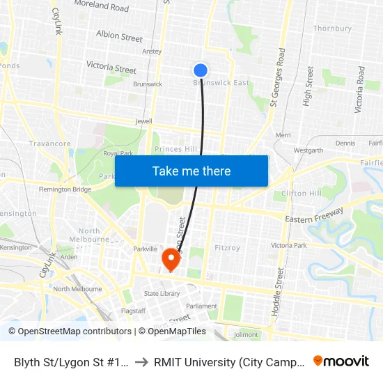 Blyth St/Lygon St #125 to RMIT University (City Campus) map