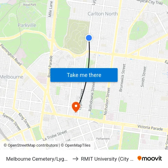 Melbourne Cemetery/Lygon St #115 to RMIT University (City Campus) map