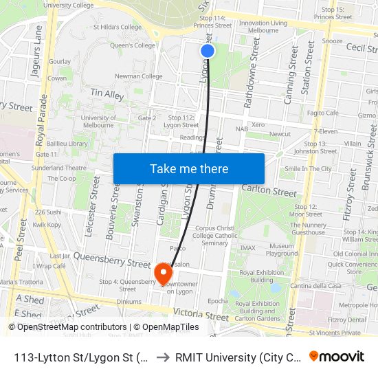 113-Lytton St/Lygon St (Carlton) to RMIT University (City Campus) map