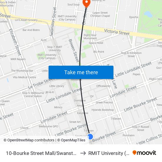 10-Bourke Street Mall/Swanston St (Melbourne City) to RMIT University (City Campus) map