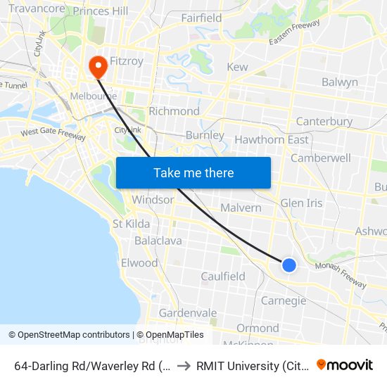 64-Darling Rd/Waverley Rd (Malvern East) to RMIT University (City Campus) map