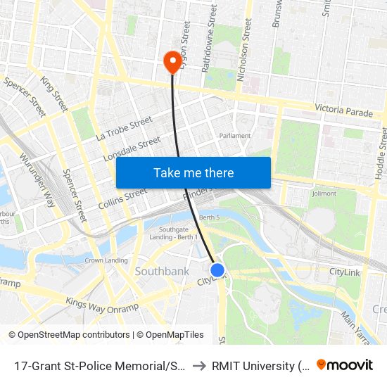 17-Grant St-Police Memorial/St Kilda Rd (Southbank) to RMIT University (City Campus) map