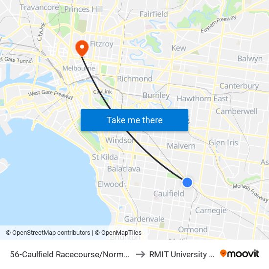 56-Caulfield Racecourse/Normanby Rd (Caulfield North) to RMIT University (City Campus) map