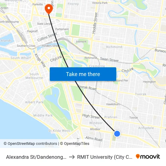 Alexandra St/Dandenong Rd #36 to RMIT University (City Campus) map