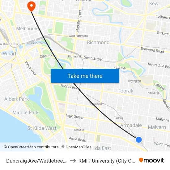 Duncraig Ave/Wattletree Rd #44 to RMIT University (City Campus) map