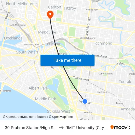 Prahran Station/High St #30 to RMIT University (City Campus) map