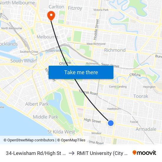 34-Lewisham Rd/High St (Prahran) to RMIT University (City Campus) map