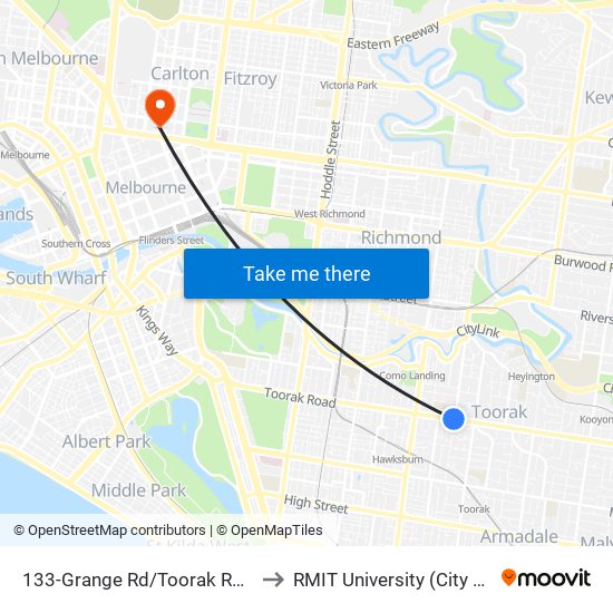 133-Grange Rd/Toorak Rd (Toorak) to RMIT University (City Campus) map