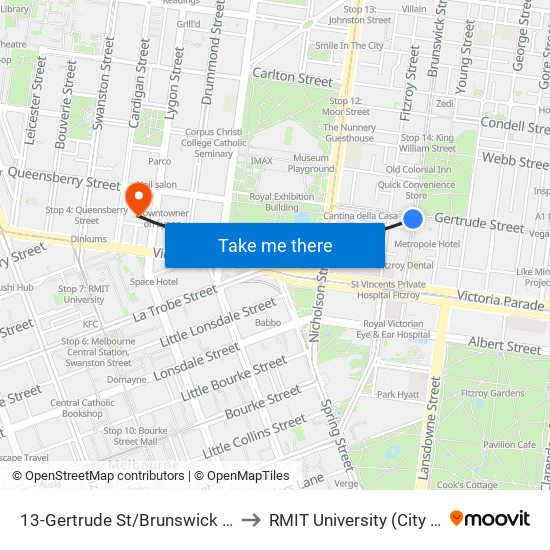 13-Gertrude St/Brunswick St (Fitzroy) to RMIT University (City Campus) map