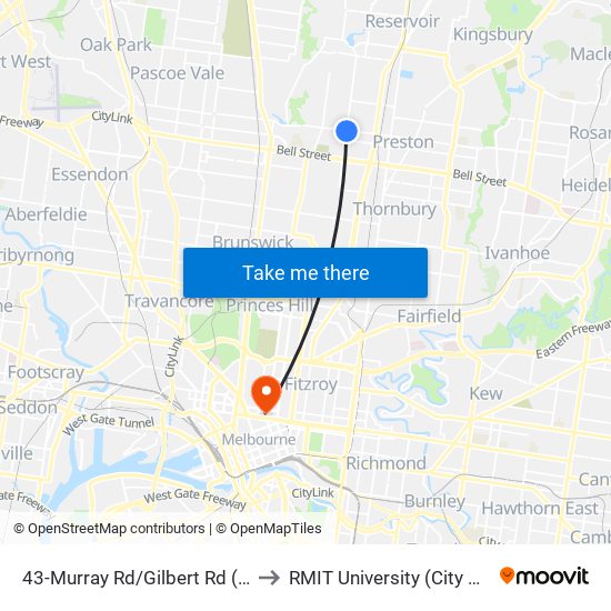 43-Murray Rd/Gilbert Rd (Preston) to RMIT University (City Campus) map