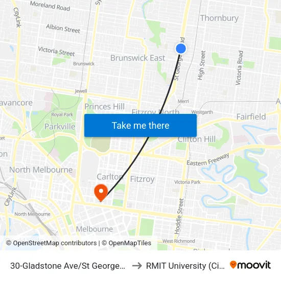 Gladstone Ave/St Georges Rd #30 to RMIT University (City Campus) map