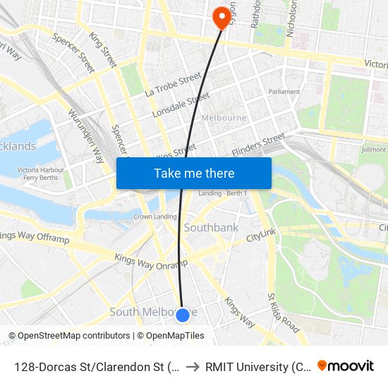 128-Dorcas St/Clarendon St (South Melbourne) to RMIT University (City Campus) map