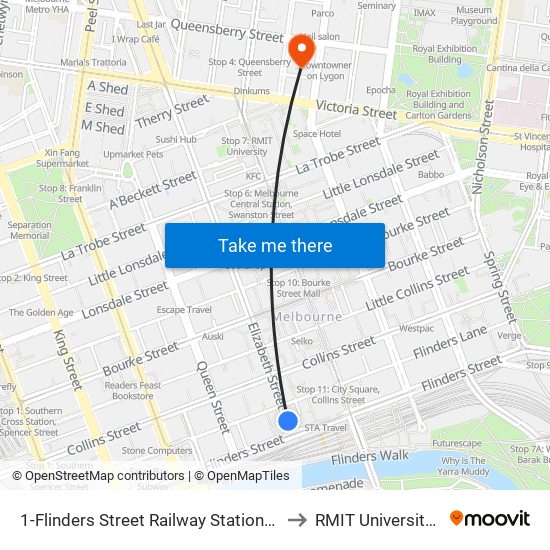 1-Flinders Street Railway Station/Elizabeth St (Melbourne City) to RMIT University (City Campus) map