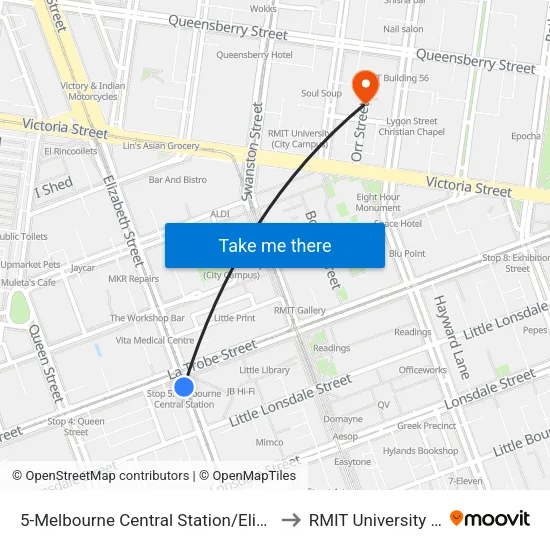 Melbourne Central Station/Elizabeth St #5 to RMIT University (City Campus) map