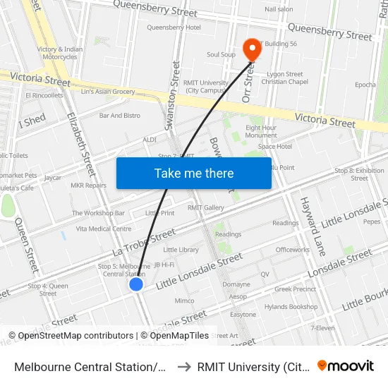 Melbourne Central Station/Elizabeth St #5 to RMIT University (City Campus) map