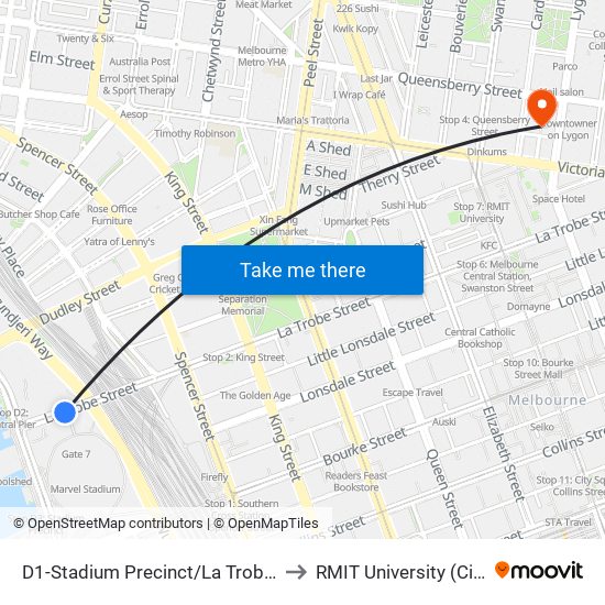 D1-Stadium Precinct/La Trobe St (Docklands) to RMIT University (City Campus) map