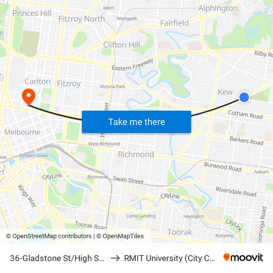 36-Gladstone St/High St (Kew) to RMIT University (City Campus) map