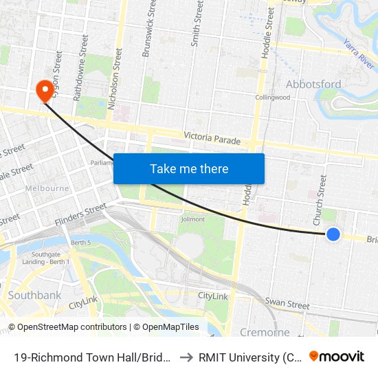 19-Richmond Town Hall/Bridge Rd (Richmond) to RMIT University (City Campus) map