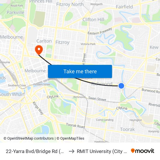 22-Yarra Bvd/Bridge Rd (Richmond) to RMIT University (City Campus) map