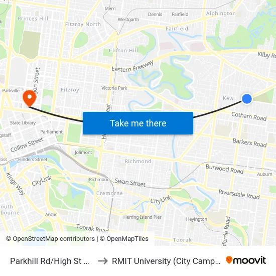 Parkhill Rd/High St #36 to RMIT University (City Campus) map