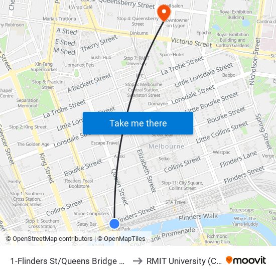 1-Flinders St/Queens Bridge St (Melbourne City) to RMIT University (City Campus) map