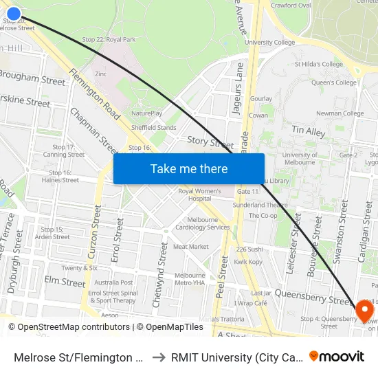 Melrose St/Flemington Rd #20 to RMIT University (City Campus) map