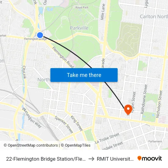 Flemington Bridge Station/Flemington Rd #22 to RMIT University (City Campus) map