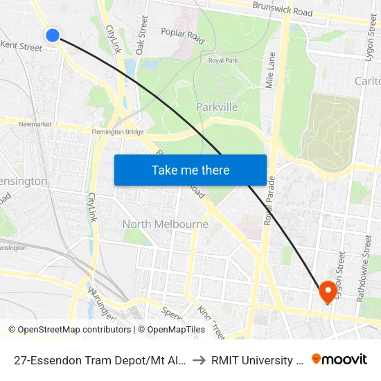 Essendon Tram Depot/Mt Alexander Rd #27 to RMIT University (City Campus) map
