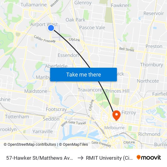 57-Hawker St/Matthews Ave (Airport West) to RMIT University (City Campus) map