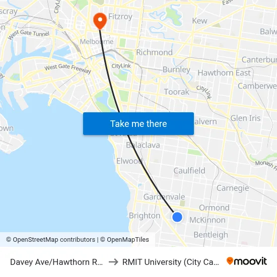 Davey Ave/Hawthorn Rd #65 to RMIT University (City Campus) map