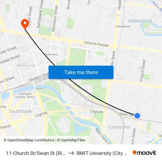 11-Church St/Swan St (Richmond) to RMIT University (City Campus) map