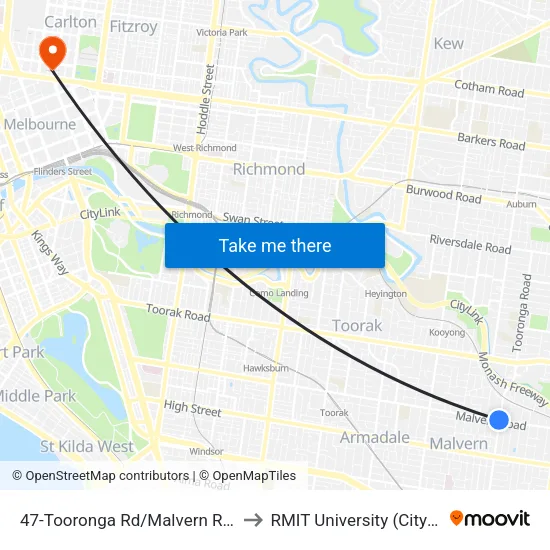 Tooronga Rd/Malvern Rd #47 to RMIT University (City Campus) map