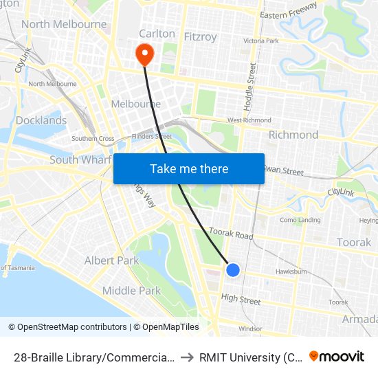 28-Braille Library/Commercial Rd (South Yarra) to RMIT University (City Campus) map