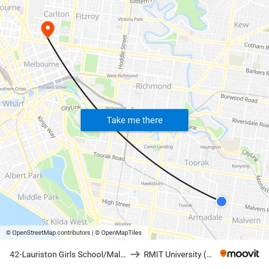 42-Lauriston Girls School/Malvern Rd (Armadale) to RMIT University (City Campus) map