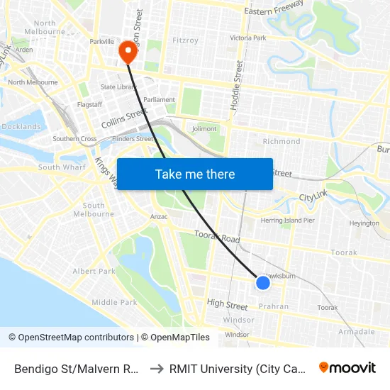 Bendigo St/Malvern Rd #32 to RMIT University (City Campus) map