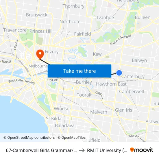 Camberwell Girls Grammar/Burke Rd #67 to RMIT University (City Campus) map