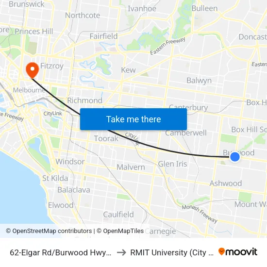 Elgar Rd/Burwood Hwy #62 to RMIT University (City Campus) map