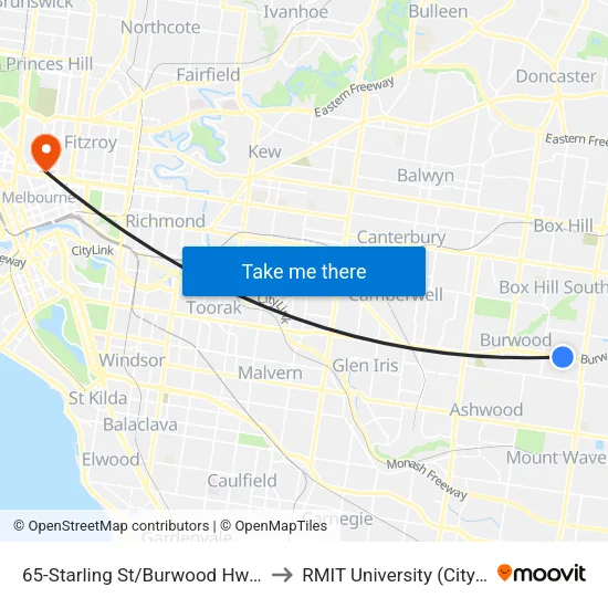 Starling St/Burwood Hwy #65 to RMIT University (City Campus) map