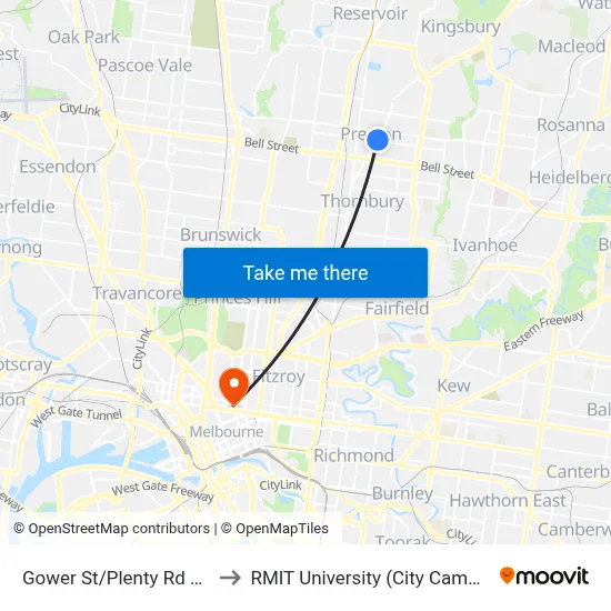 Gower St/Plenty Rd #48 to RMIT University (City Campus) map