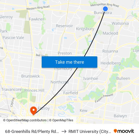 68-Greenhills Rd/Plenty Rd (Bundoora) to RMIT University (City Campus) map