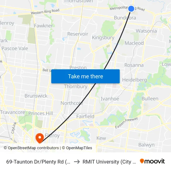 Taunton Dr/Plenty Rd #69 to RMIT University (City Campus) map