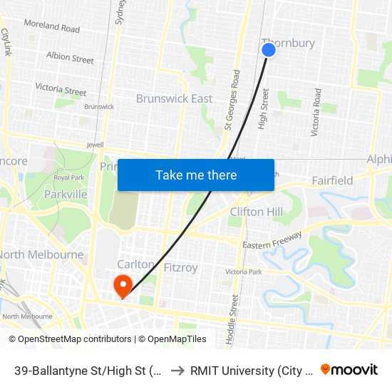 39-Ballantyne St/High St (Thornbury) to RMIT University (City Campus) map