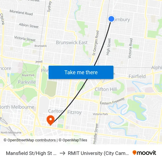 Mansfield St/High St #40 to RMIT University (City Campus) map