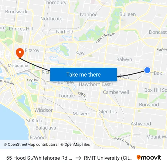 Hood St/Whitehorse Rd #55 to RMIT University (City Campus) map